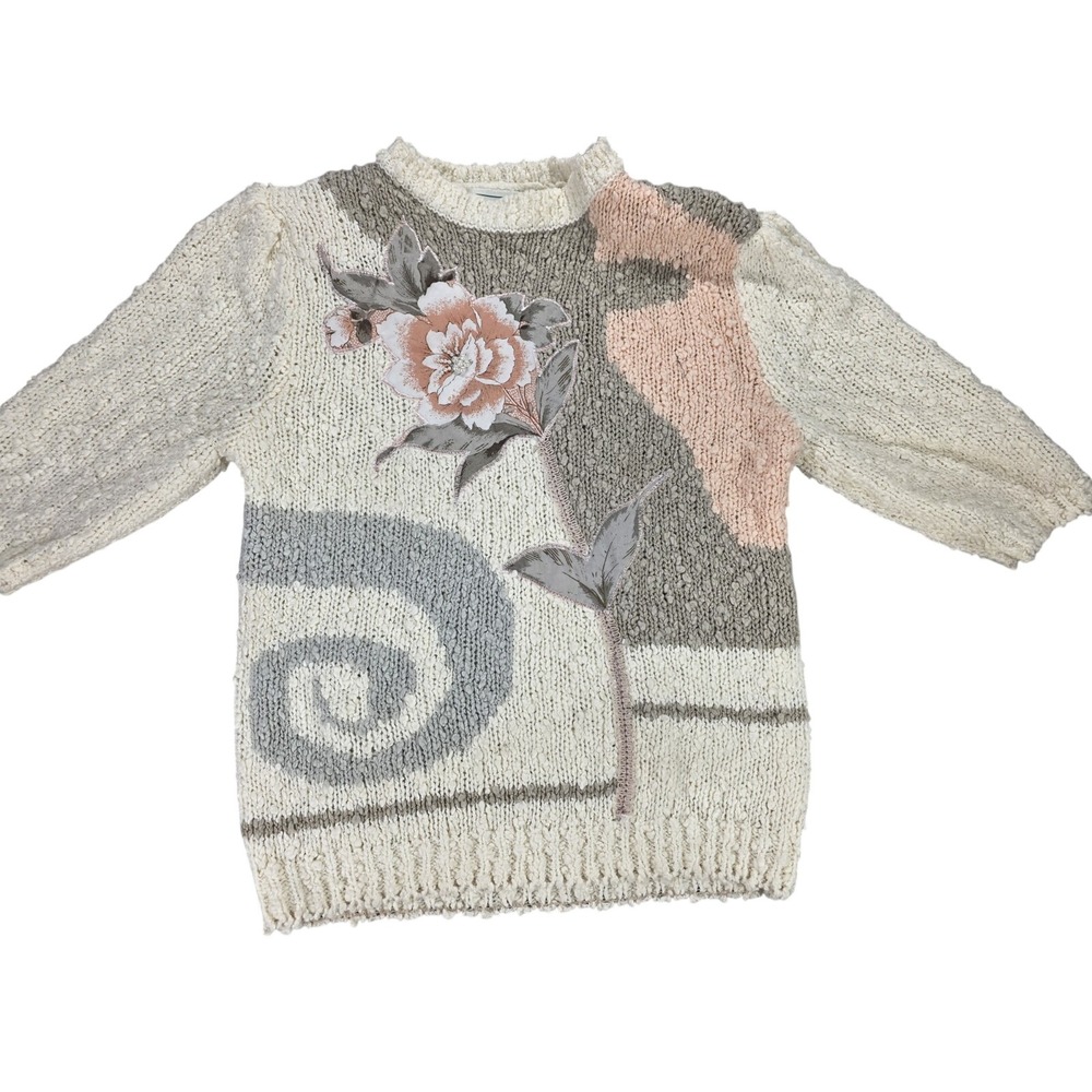 Shenanigans Medium Vintage Floral Embroidered Sweater Beige Mock Neck 3/4 Sleeve